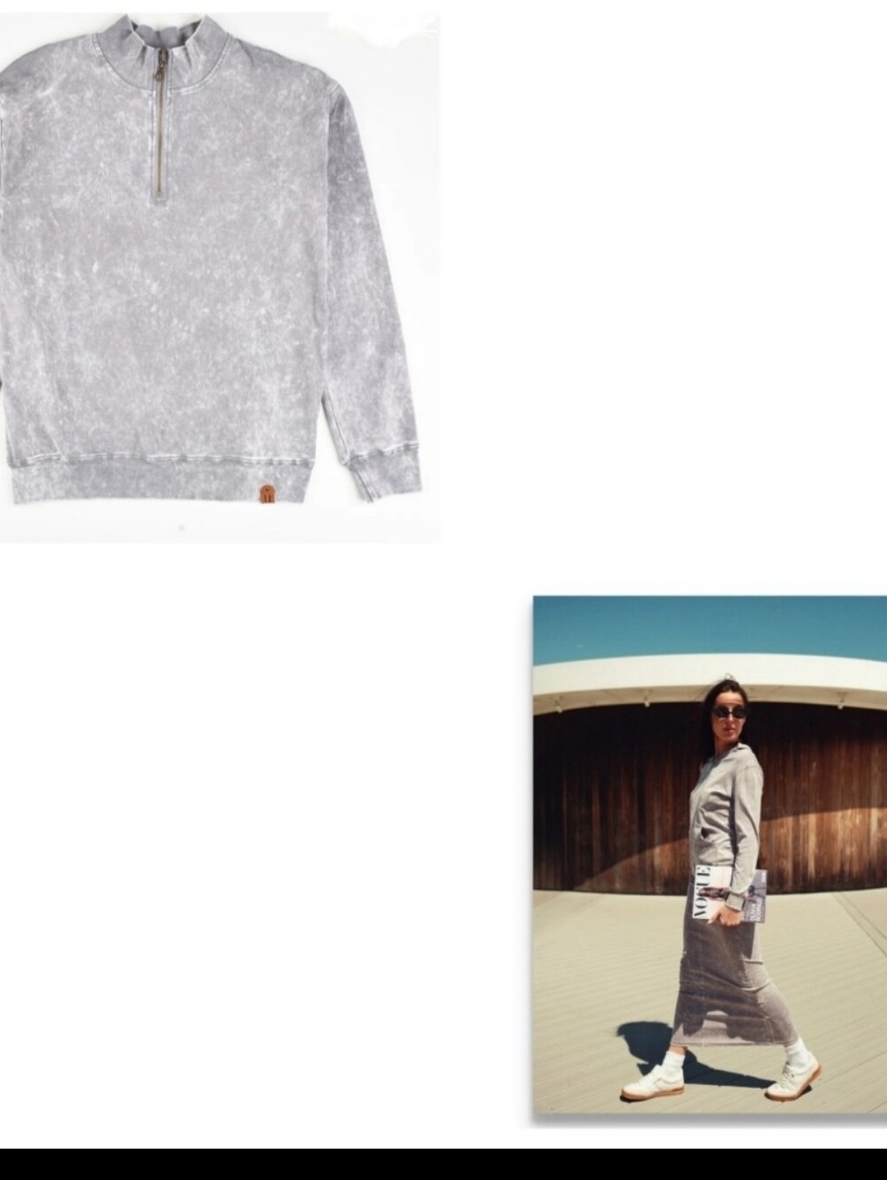 Washed Grey Half-Zip Sweatshirt And Skirt Set